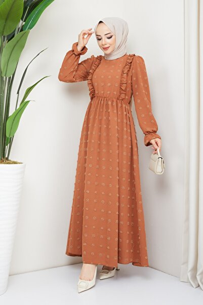 Feiza Collection Puantiyeli Tesettür Elbise - Kiremit