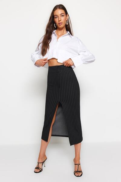 Trendyol Collection Black Striped Slit Detailed High Waist Maxi Knitted Skirt TWOSS23ET00376