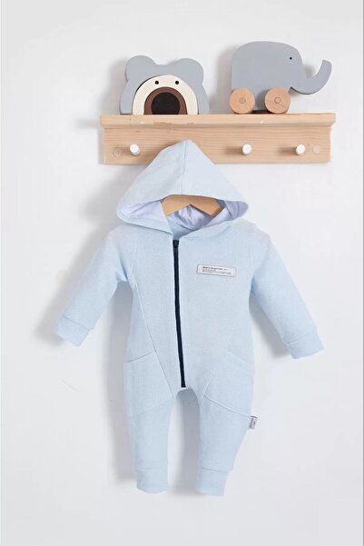 Bebeğin 50 Tonu Baby Boy Blue Jumpsuit Side Pocket Hooded Zippered 100% Cotto...