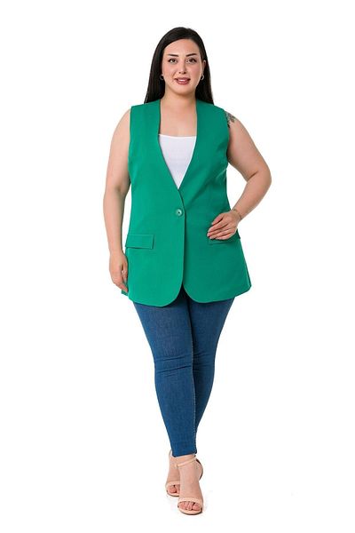 DISENTIS MODEST Large Size Single Button Green Lined Vest with Ornamental Pocket Cover