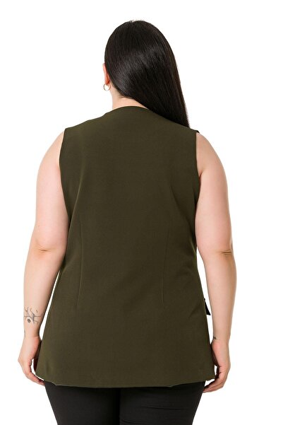 DISENTIS MODEST Large Size Single Button Ornamental Pocket Cover Khaki Lined Vest