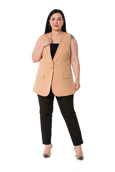 DISENTIS MODEST Plus Size Single Button Camel Lined Vest with Ornamental Pocket Cover
