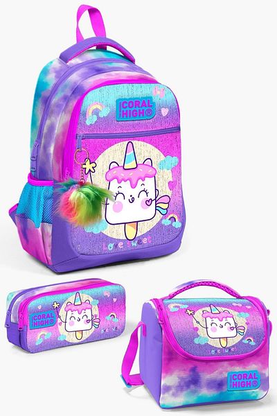 Coral High Unicorn Patterned Colorful 3-Piece School Bag Set - Ice Cream Tie Dye, SET0123480