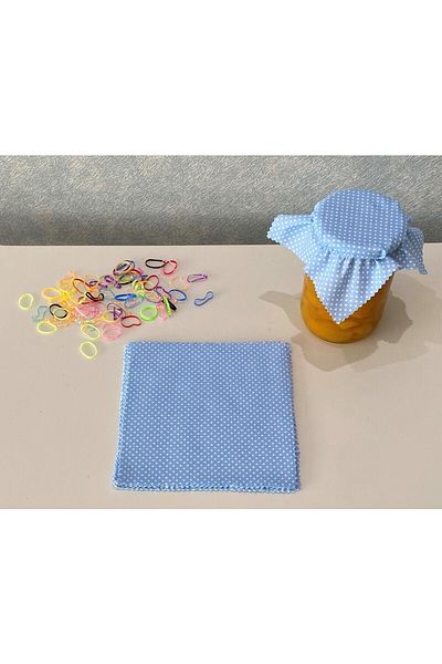 AdaEsintisi 50 Pieces of Polka Dot Light Blue Jar Lid Fabric (Cover) and Colored Binding Rubber