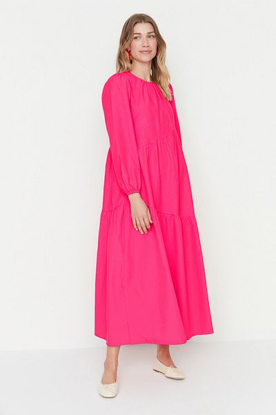 Trendyol Modest Red Gather részletes pamut, széles szabású szőtt ruha TCTSS21EL3470