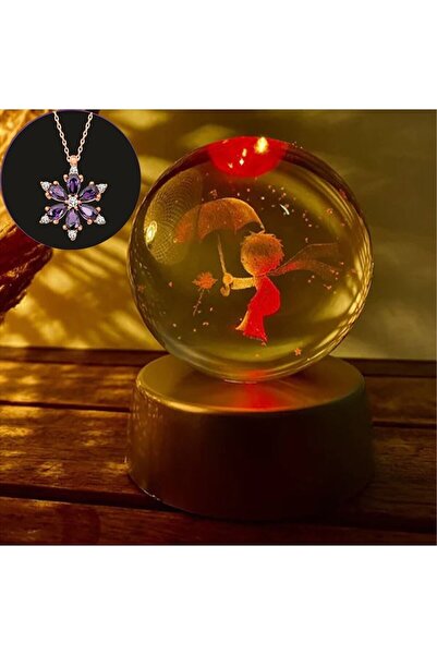 keyfim shop Küçük Prens 3D Renkli Işıklı Cam Küre Ve Lotus Kolye Hediyeli