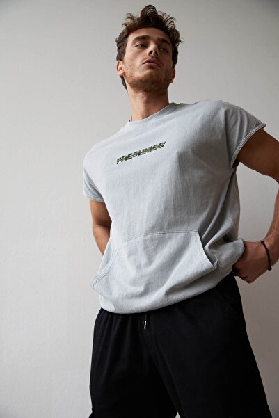 THIMOON Crew Neck Pocket Short Sleeve Blue T-shirt