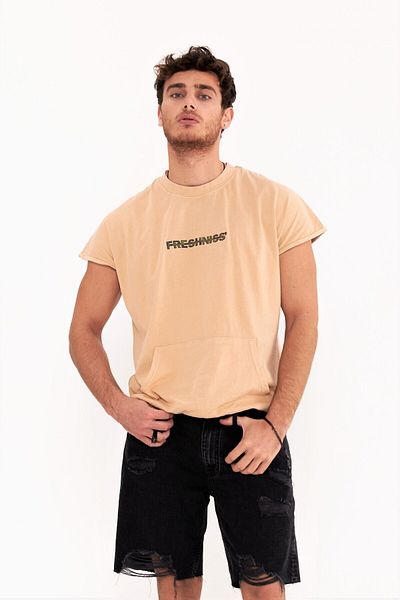 THIMOON Crew Neck Pocket Short Sleeve Yellow T-shirt