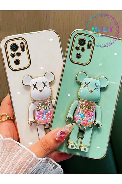 Molly Technology جراب سيليكون فاخر لهاتف Xiaomi Redmi Note 10s مع حامل Bearbrick أبيض لؤلؤي وحواف ذهبية مفصلة