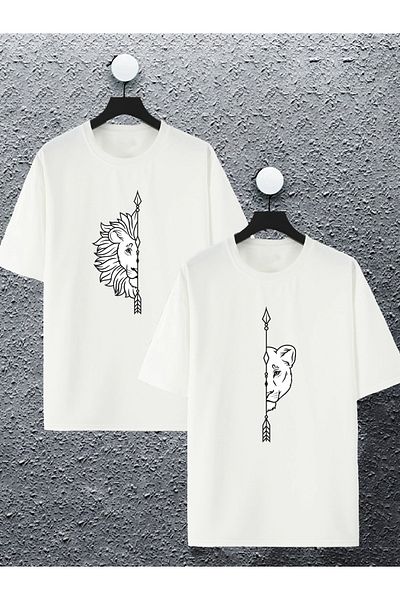 Joza Outdoors Femeie Bărbat Femeie și Masculin Leu Cuplu Cuplu Iubitor Combinație Design Tricou supradimensionat Set de 2
