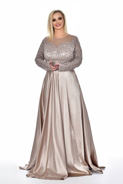 Kulis Gold Kalp Yaka Uzun Kollu Güpürlü Yırtmaçlı Büyük Beden Abiye Elbise