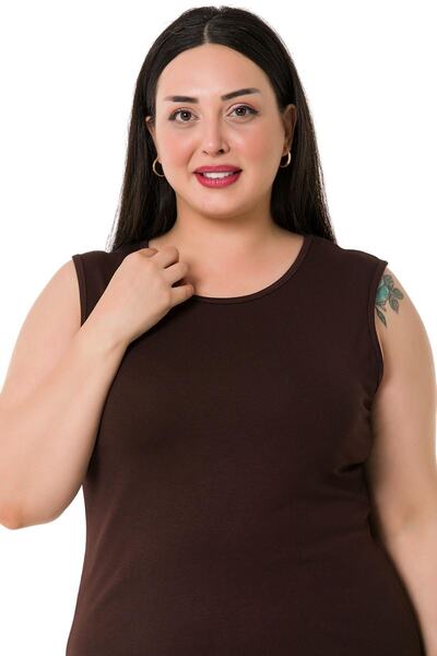 DISENTIS MODEST Large Size Round Neck Thick Strap Viscose Long Brown Body