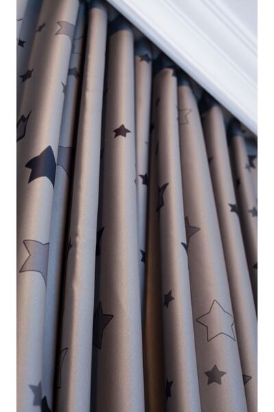 Nebumu Blackout Gri Yıldızlı Büzgülü Karartma Perde