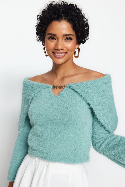 Trendyol Collection Mint Feather Accessory Detailed Knitwear Sweater TWOAW24KZ00741