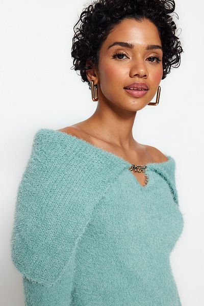 Trendyol Collection Mint Feather Accessory Detailed Knitwear Sweater TWOAW24KZ00741