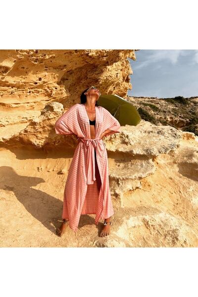 BEACHTALK Super Yumuşak Çizgili Örme Kumaştan Uzun Kimono.