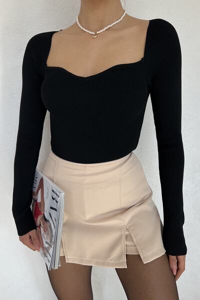 LE CARAMBOLE Γυναικεία Πλεκτή Μπλούζα με λαιμό Sweetheart Μαύρη