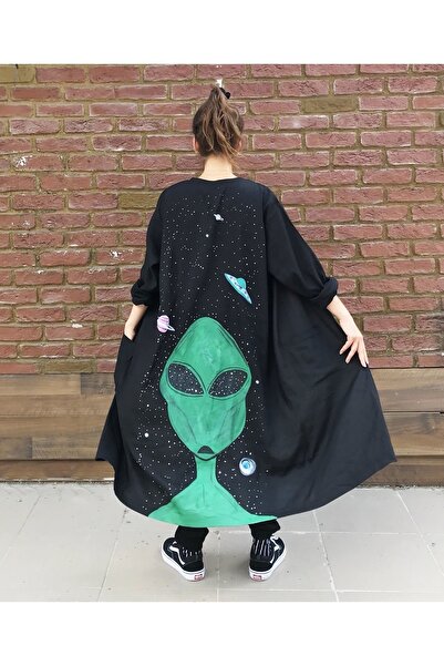 Hello Stranger Siyah Keten Kimono Pardesü Alien Uzaylı Desenli