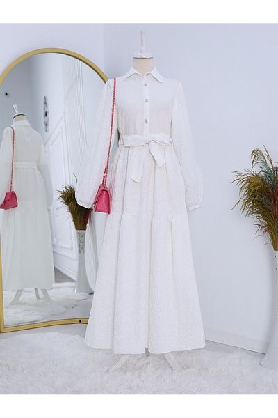 Modamorfo Bürümcük Fabric Belted Half Button Dress