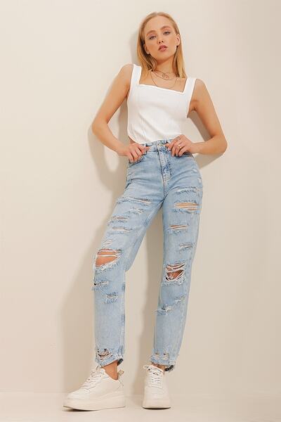 Trend Alaçatı Stili Pantaloni de damă, albaștri, tăiați cu laser, cu buzunare, ALC-X10585