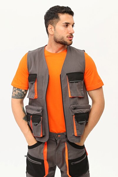 Uniprom İş Yeleği Lizbon Model Çok Cepli Harman Kumaş Füme