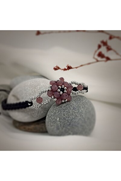 Sam Toz Pembe-Gümüş Cevşen Bileklik / Örgü İplik / El İşi Kristal Boncuk Örme /