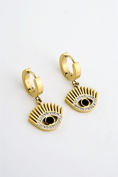 EUROMODA Steel Eye Design Gold Colored Zircon Stone Hook Earrings