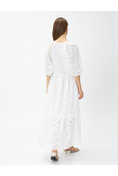 Koton Μακρύ καλοκαιρινό φόρεμα Brodeli με V λαιμόκοψη