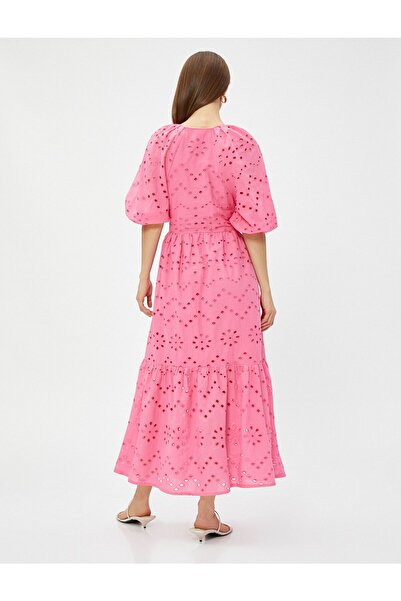 Koton Μακρύ καλοκαιρινό φόρεμα Brodeli με V λαιμόκοψη