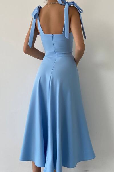 bayansepeti Γυναικείο φόρεμα με δαντέλα ώμου με λεπτομέρεια ύφασμα άτλας με επένδυση μίντι μήκους φουσκωτό μωρό μπλε φόρεμα 166