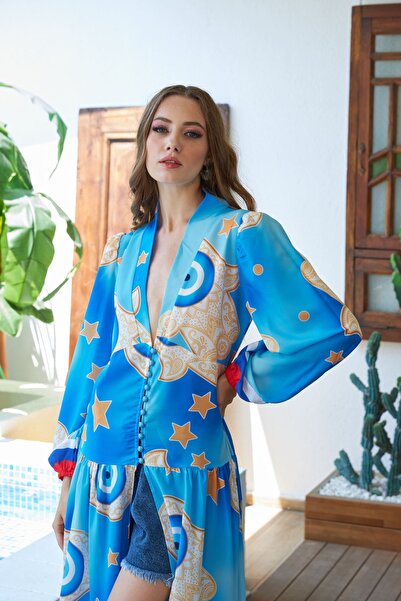 Marina Boutique Nazar Boncuğu Detaylı Düğmeli Kalın Şifon Kimono