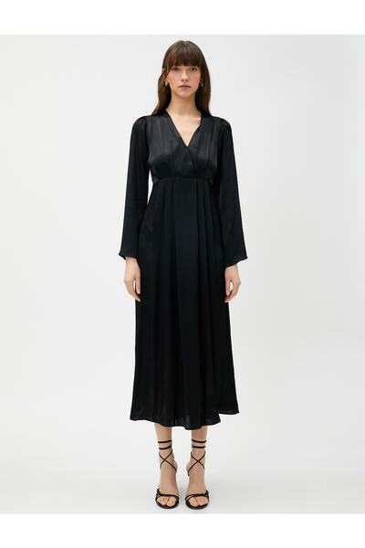 Koton Dlouhé saténové šaty s výstřihem do V a dlouhým rukávem