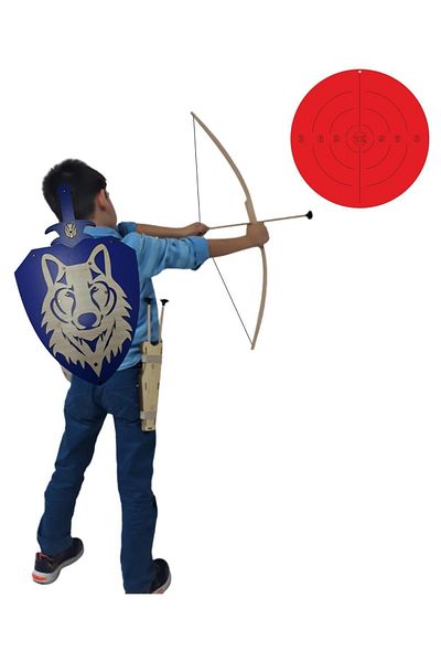 Ahtek Natural Wooden Arrow Bow + Wolf Head Shield + Sword + Quiver + Target Blue
