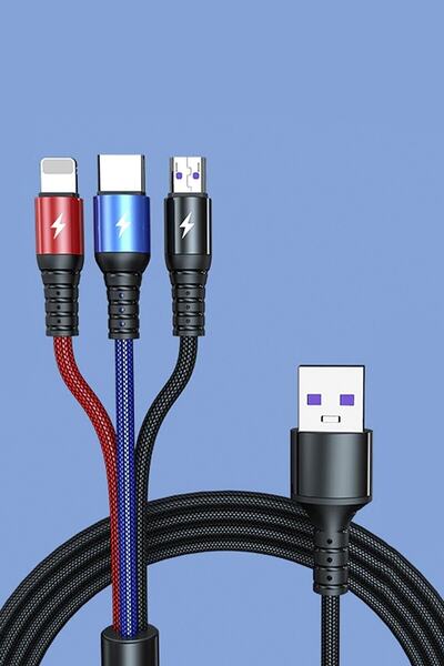 Soillium Tüm Telefonlara Uyumlu Micro Usb Iphone Type-c 3in1 Hızlı Şarj Kablosu 3lü Şarz Kablo