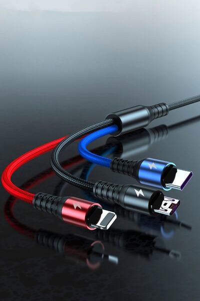 Soillium Tüm Telefonlara Uyumlu Micro Usb Iphone Type-c 3in1 Hızlı Şarj Kablosu 3lü Şarz Kablo