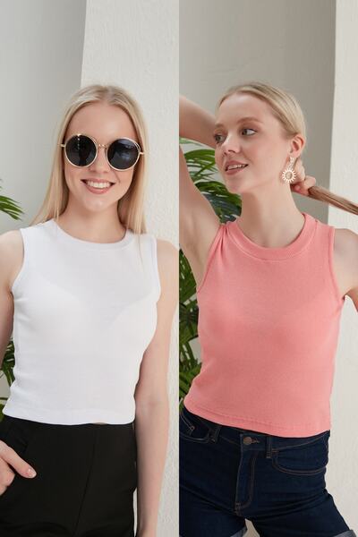 Seise Tekstil Γυναικεία μπλούζα με λαιμόκοψη με ραβδώσεις 2 συσκευασιών Crop