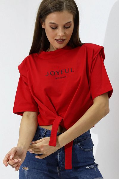 hazelin Women's Red Text Printed Oversize Padded Waist Detail Knitted T-Shirt HZL23S-DSB120231