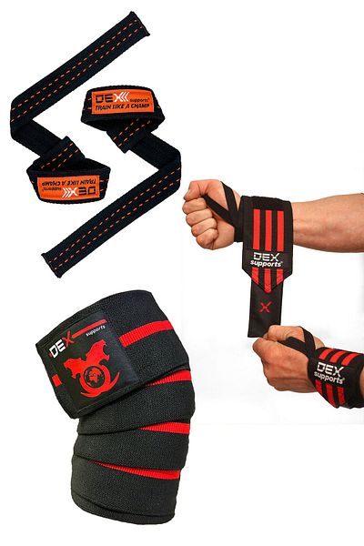 Dex Supports Lasting Energy Lifting Straps, + Knee Bandage + Wrist Wrap Set of 3