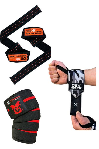 Dex Supports Lasting Energy Straps + Wrist Wraps + Knee Wraps Set of 3