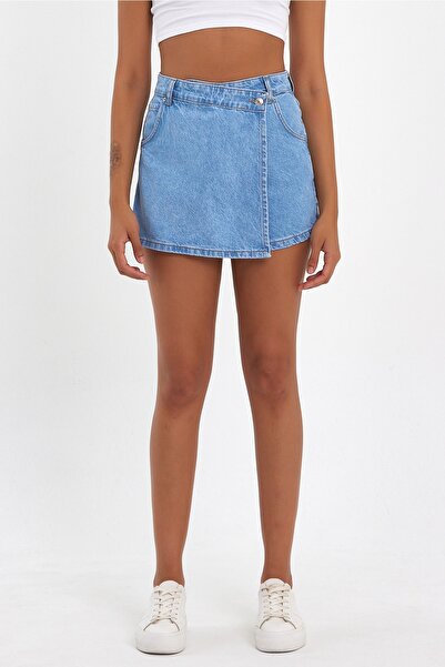 ASEDE Önü Düğmeli Kot Şort Etek