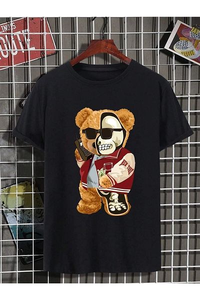 mercoledi Tricou pentru bărbați oversize cu imprimeu cu jumătate de schelet ursuleț Casual Boyfirend