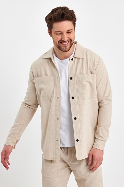 Plus Ninety Keten Kumaş Regular Kalıp Çıt-çıt Düğmeli Yazlık Erkek Gömlek
