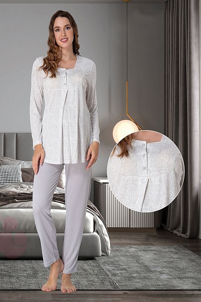 BLACKMORE Women's Gray Patterned Long Sleeve Cotton Maternity Maternity Pajama Set with Breastfeeding Features