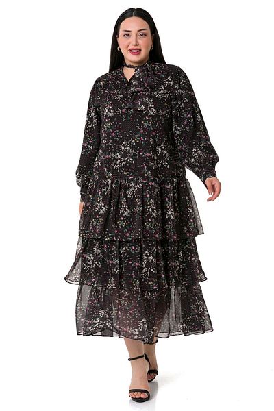 DISENTIS MODEST Φούστα Plus Size Layered Μαύρο Δάπεδο με Φούξια Φόρεμα Σιφόν Φόρεμα