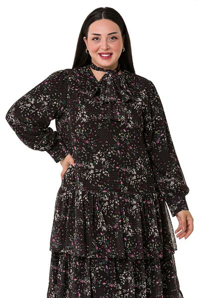 DISENTIS MODEST Φούστα Plus Size Layered Μαύρο Δάπεδο με Φούξια Φόρεμα Σιφόν Φόρεμα