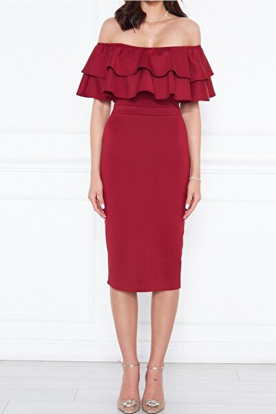 bayansepeti Ευέλικτο ύφασμα κατάδυσης Flounce Λεπτομερές σχέδιο γιακά Midi μπορντό βραδινό μολύβι φόρεμα 164