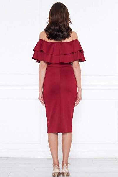 bayansepeti Ευέλικτο ύφασμα κατάδυσης Flounce Λεπτομερές σχέδιο γιακά Midi μπορντό βραδινό μολύβι φόρεμα 164