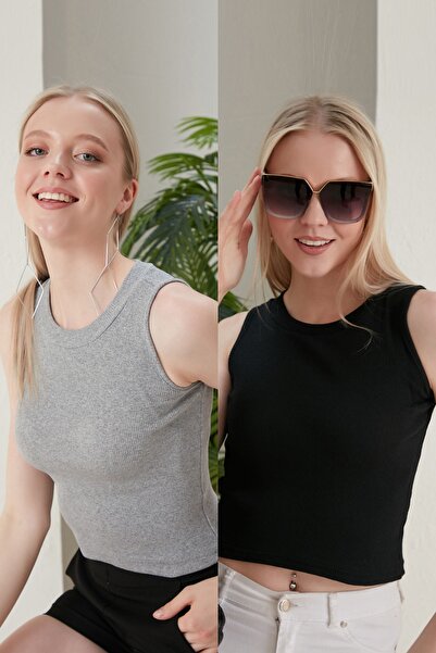 Seise Tekstil Γυναικεία μπλούζα με λαιμόκοψη με ραβδώσεις 2 συσκευασιών Crop