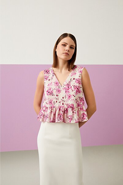 Jus De Pommes EKRU DESENLİ FIRFIRLI KOLSUZ BLUZ