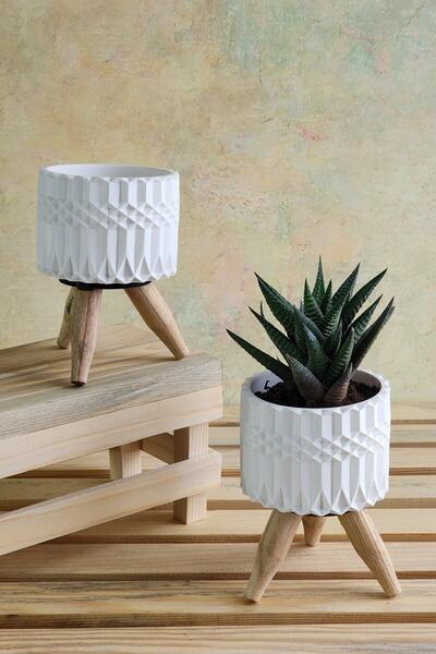 SERENGETİ HOME 2'li Ahşap Ayaklı Minik Beton Vazo, Dekoratif Saksı, Küçük Vazo, Ev Ve Ofis Dekoru, Dekoratif Obje